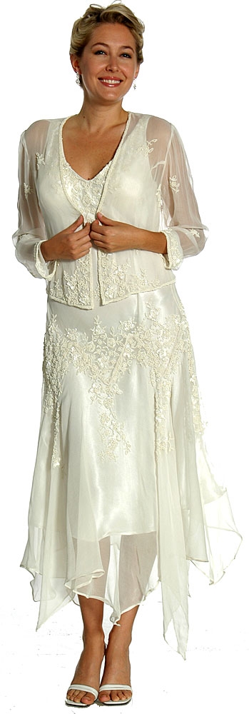 V-Neck Beaded Silk Mother of the bride Dress with Jacket — with Jacket in Ivory color
