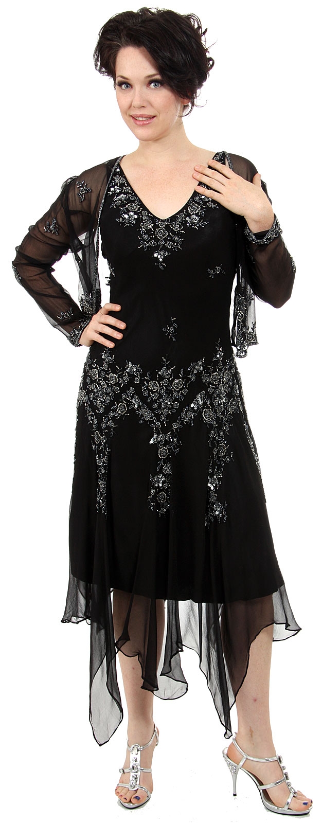 V-Neck Beaded Silk Mother of the bride Dress with Jacket — in alternative image