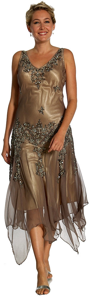 V-Neck Beaded Silk Mother of the bride Dress with Jacket — in Brown/Silver