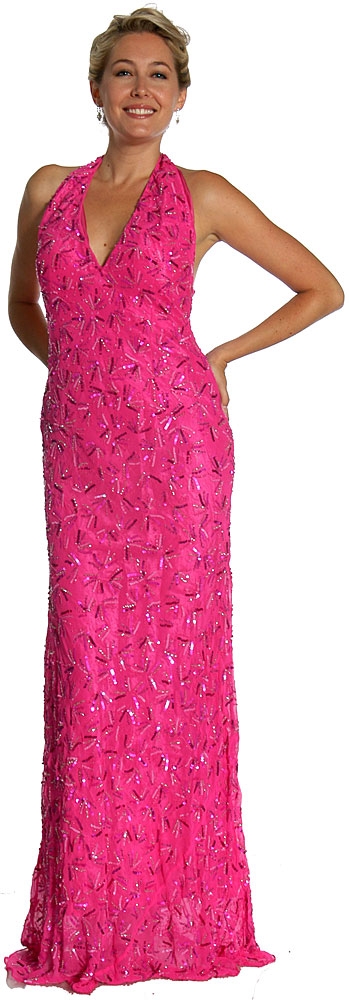 Halter-Neck Formal Prom Dress with Bare Back — in Fuchsia