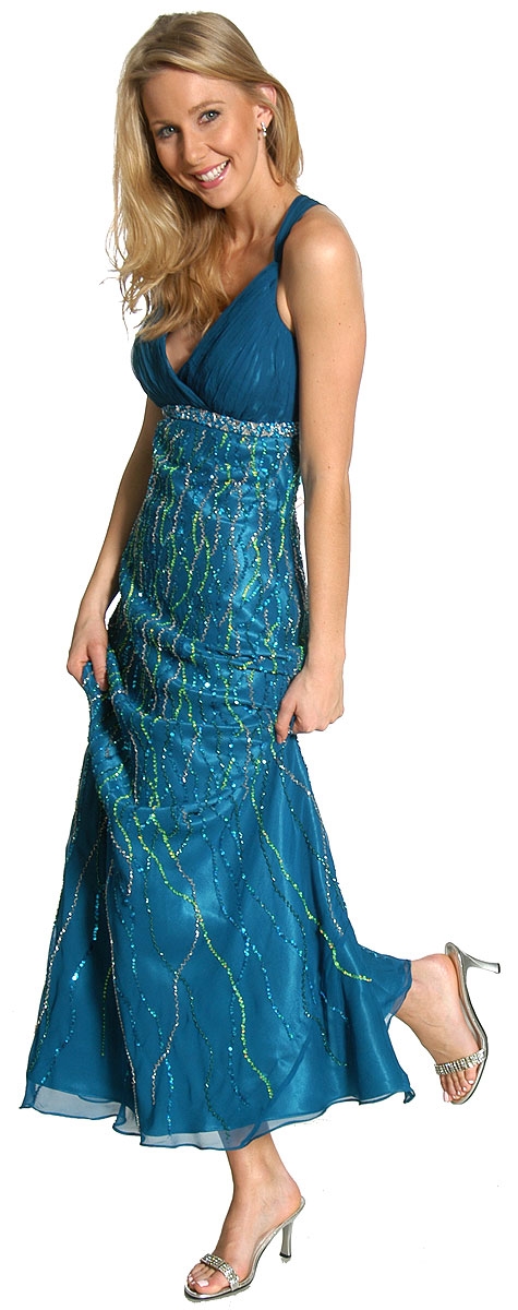 Deep V-Neck Crossed Back Sequined Long Formal Prom Dress — in alternative view