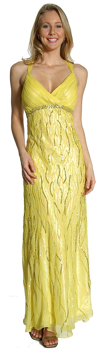 Deep V-Neck Crossed Back Sequined Long Formal Prom Dress — in Lemon