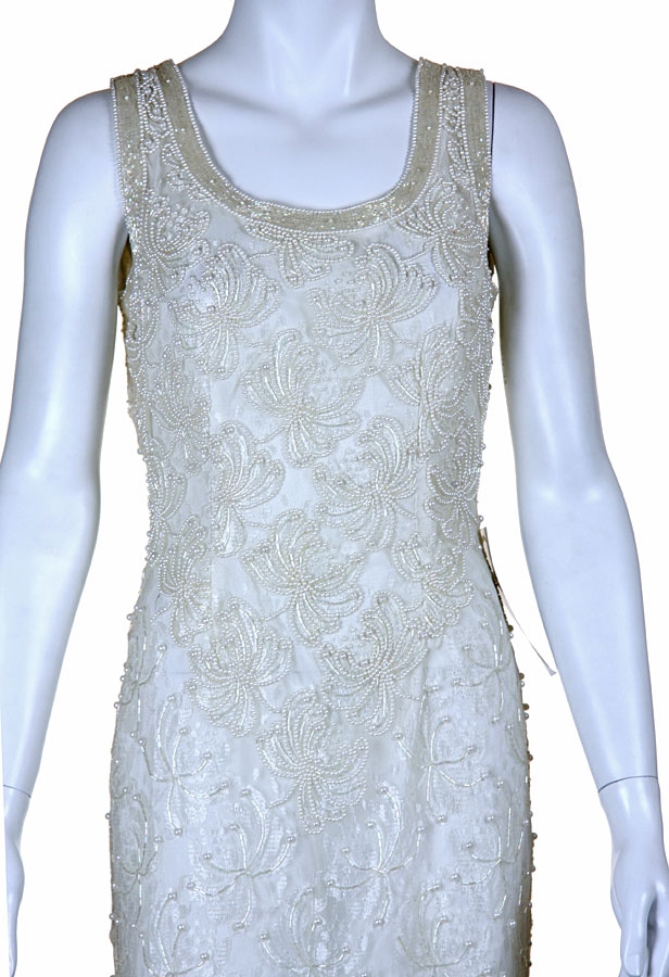Floral Lace Long Formal Gown with Pearl Beading — in closeup