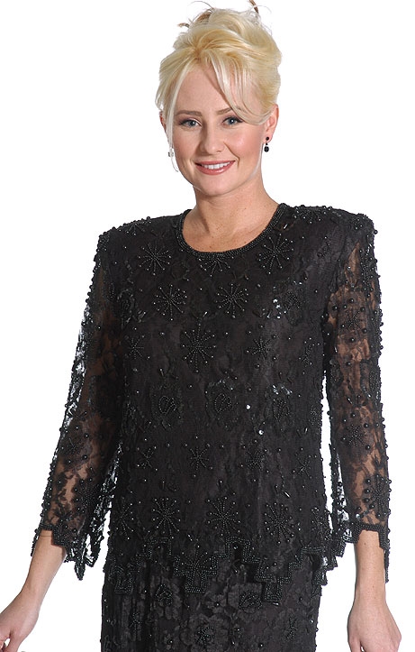 Laced and Beaded Two Piece Formal Dress — in closeup.