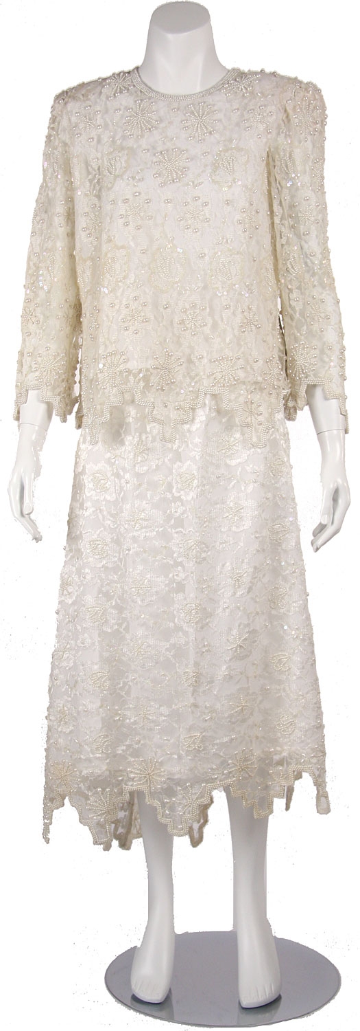Laced and Beaded Two Piece Formal Dress — in Ivory