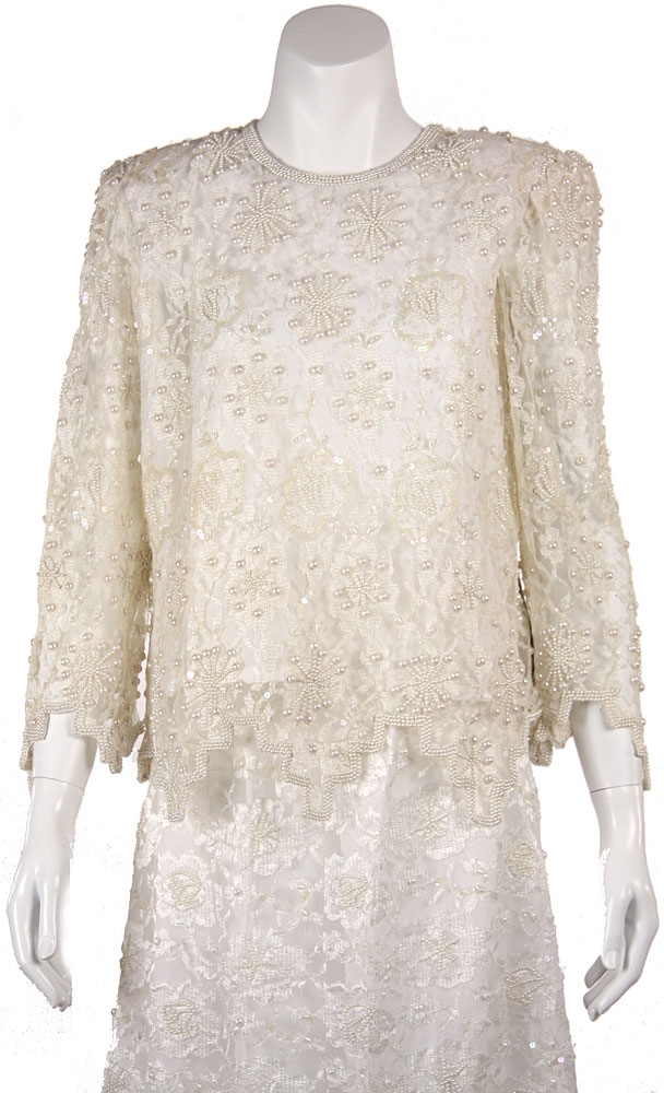 Laced and Beaded Two Piece Formal Dress — in Ivory closeup