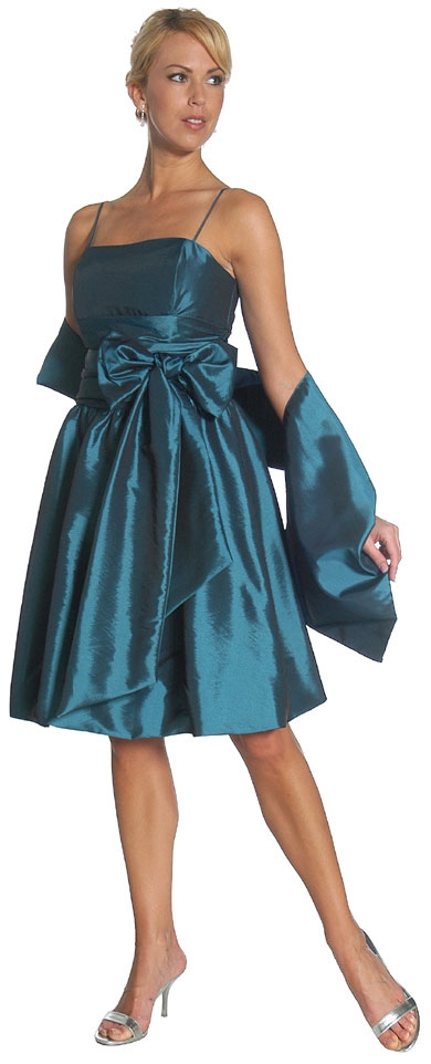 Spaghetti Strapped Short Bow Cocktail Dress — in Teal color