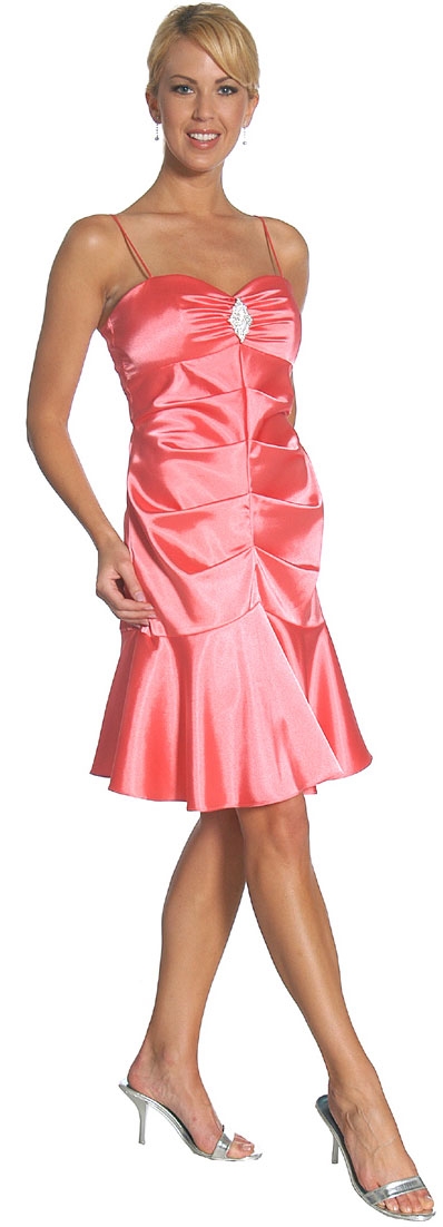 Spaghetti Straps Short Party Dress with Flared Bottom — in Coral color