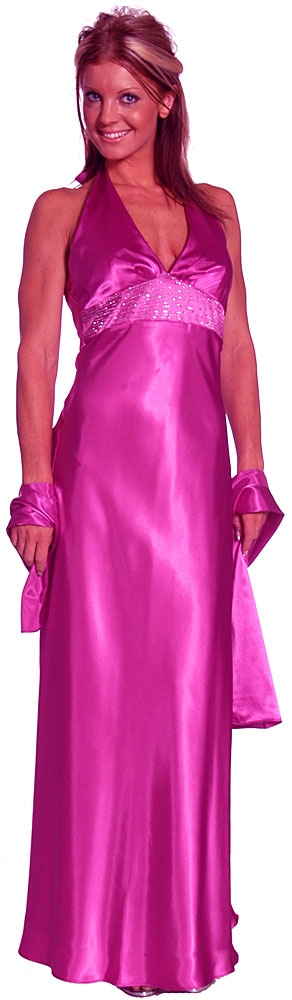 Halter Neck Empire Cut Satin Formal Dress — in Magenta