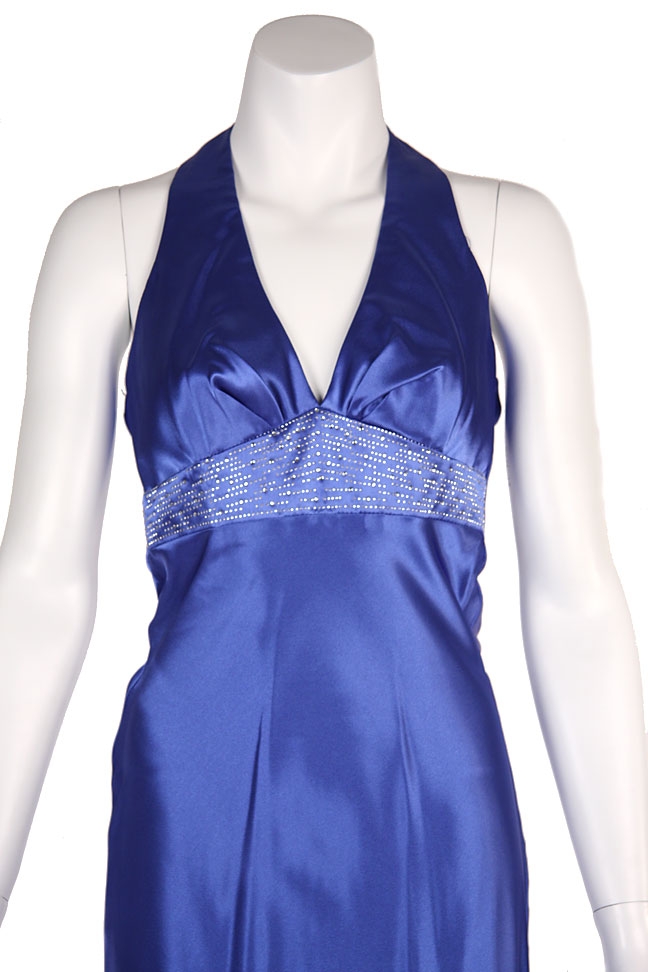 Halter Neck Empire Cut Satin Formal Dress — in Closeup