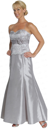 Embroidered Formal Prom Dress with Flower Applique — in Silver color