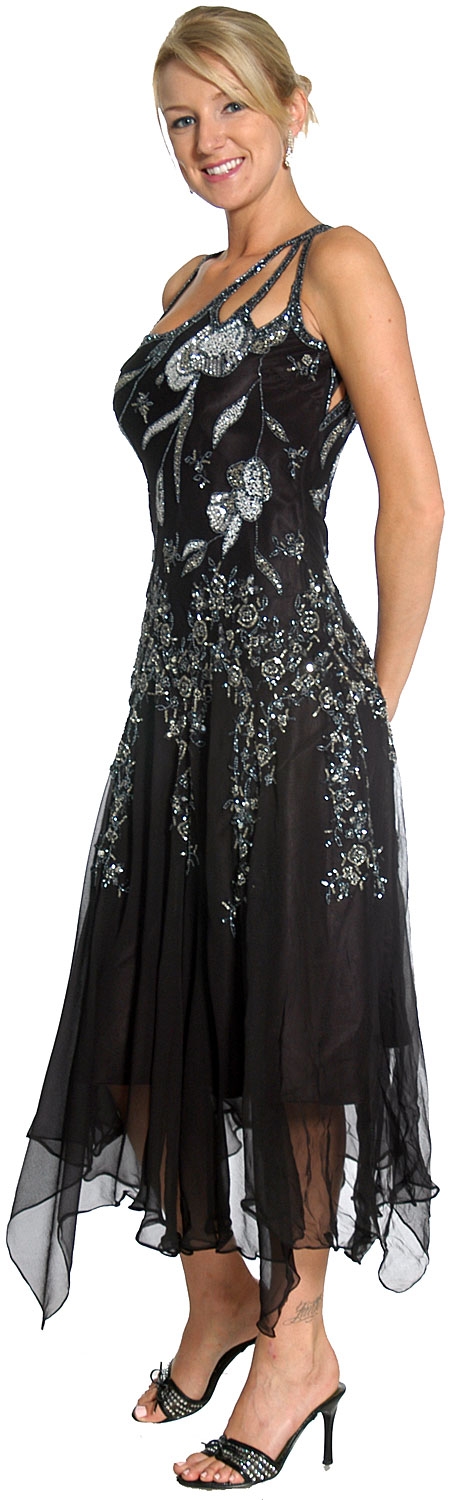 Asymmetric Floral Beaded Cocktail Dress — in Black/Silver side view