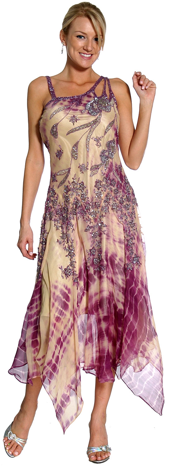 Asymmetric Floral Beaded Cocktail Dress — in Purple