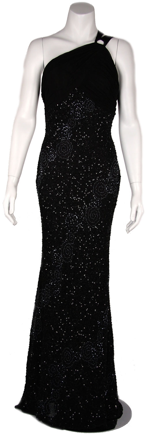 One Shoulder Shirred Bodice Sequined Formal Dress — in Black