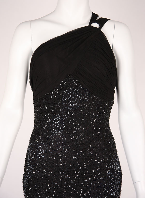 One Shoulder Shirred Bodice Sequined Formal Dress — in Black closeup