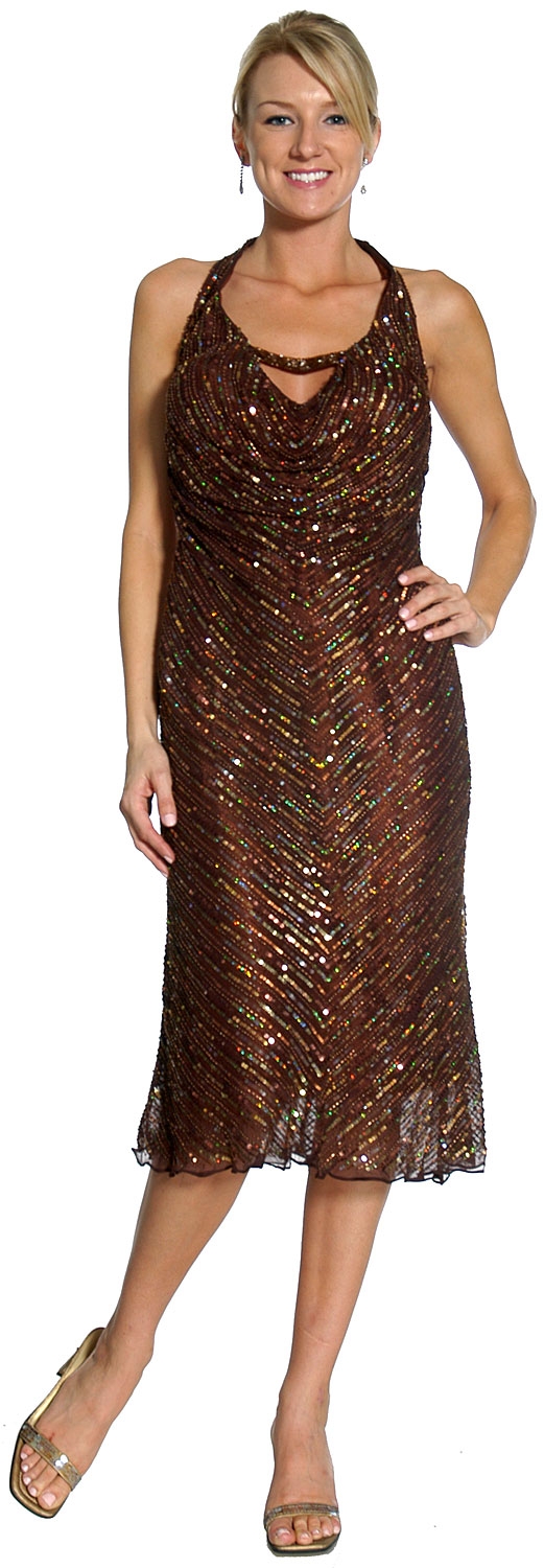 Halter Neck Knee Length Sequined Cocktail Dress — in Copper