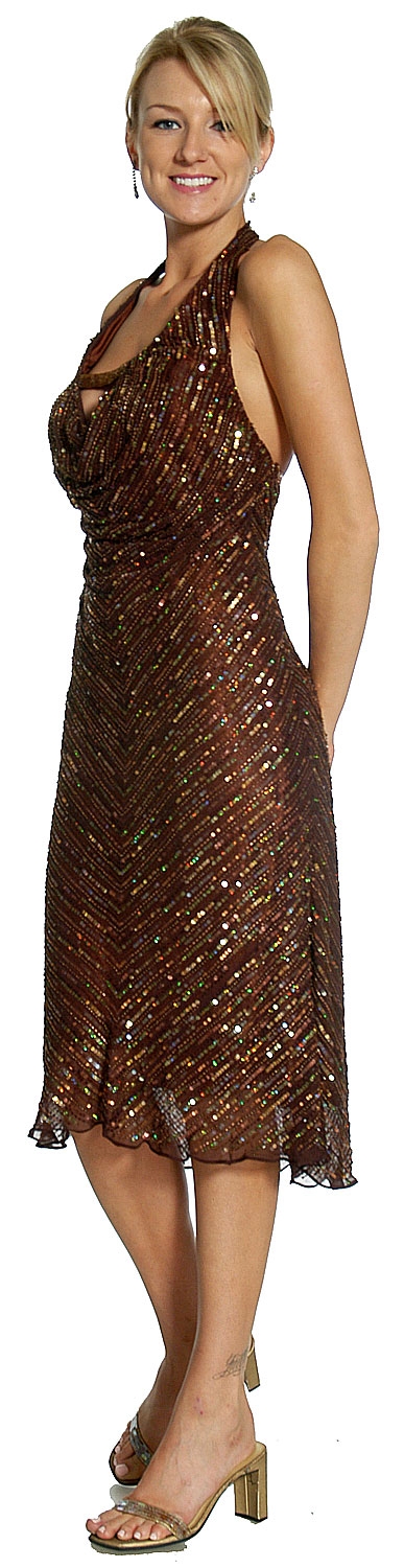 Halter Neck Knee Length Sequined Cocktail Dress — in alternative view