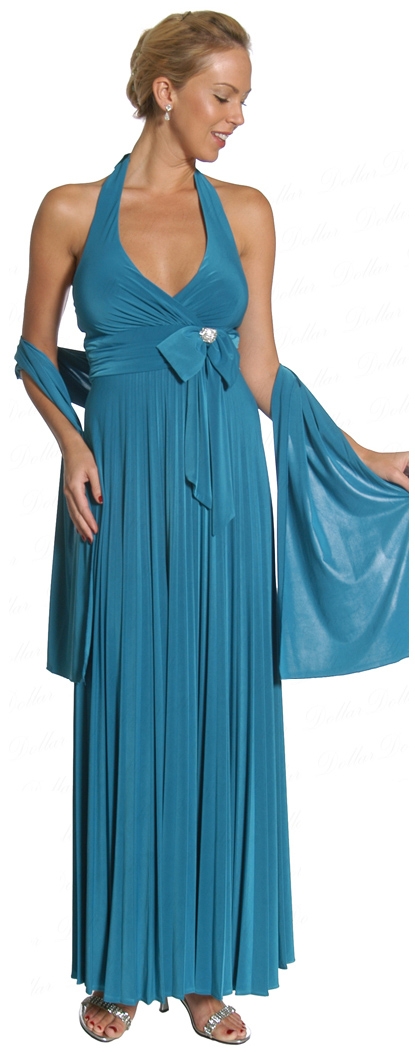 Halter Neck Empire Cut Formal Dress with Bow — in Teal color