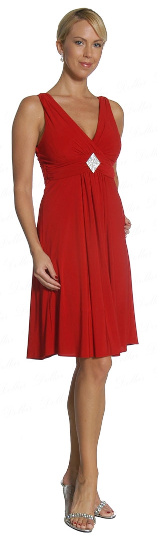 V-neck Short Party Dress with Brooch on Waistline — in Red color
