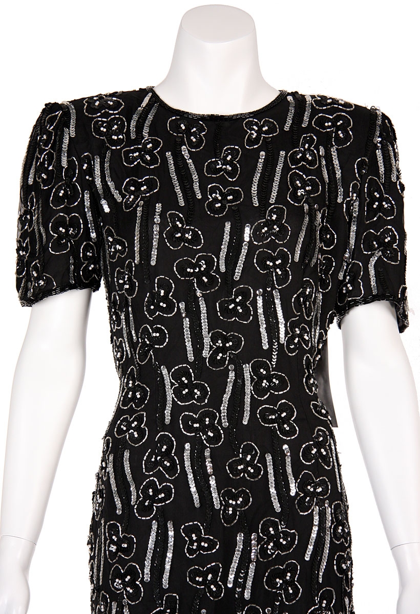 Round Neck Floral Sequined Cocktail Dress with Keyhole — in close-up