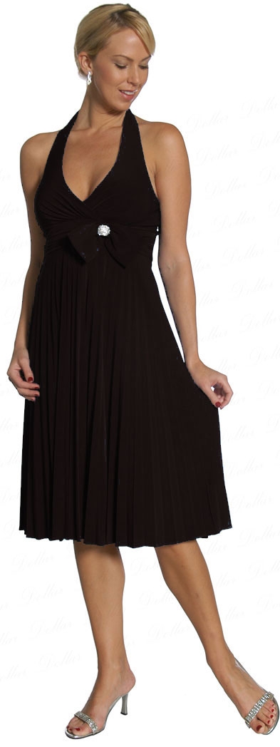 Halter Neck Pleated Party Dress — in Black
