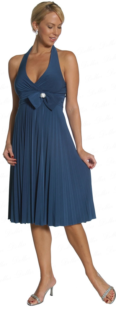 Halter Neck Pleated Party Dress — in Teal color