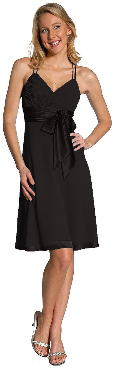 Spaghetti Strap Shirred Satin Bow Party Dress — in Black