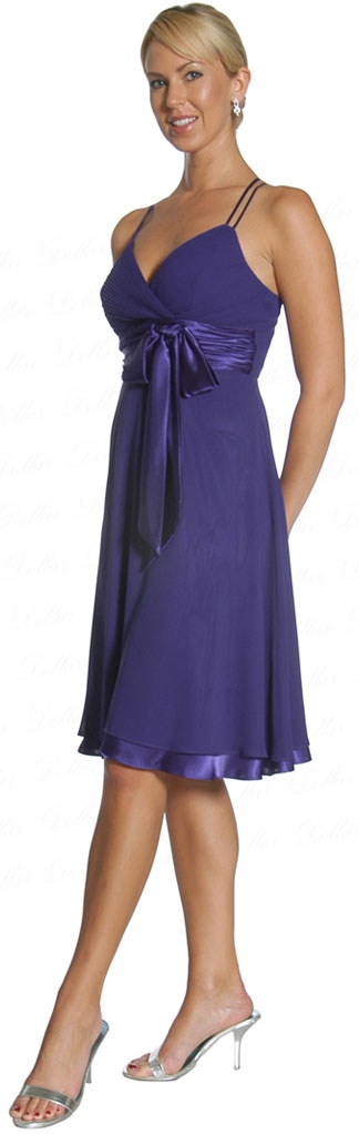 Spaghetti Strap Shirred Satin Bow Party Dress — in Purple