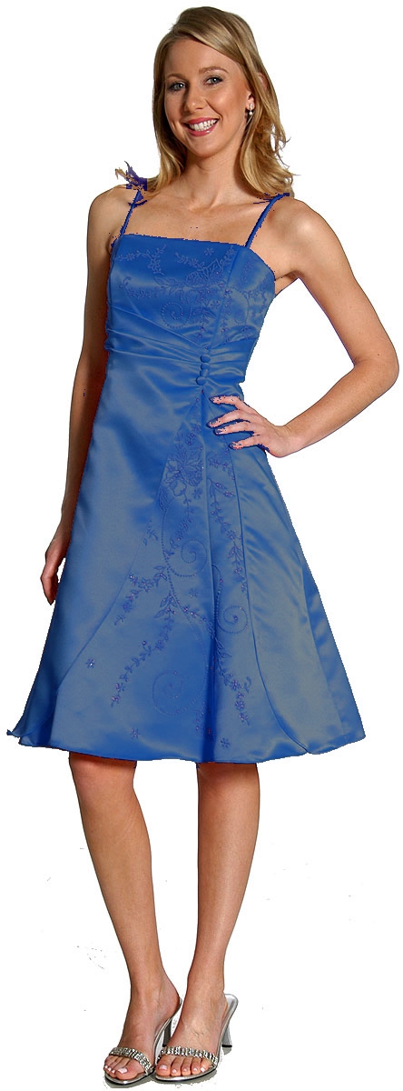 A-line Knee length Party Dress with Shimmery Floral Pattern — in Still Blue color