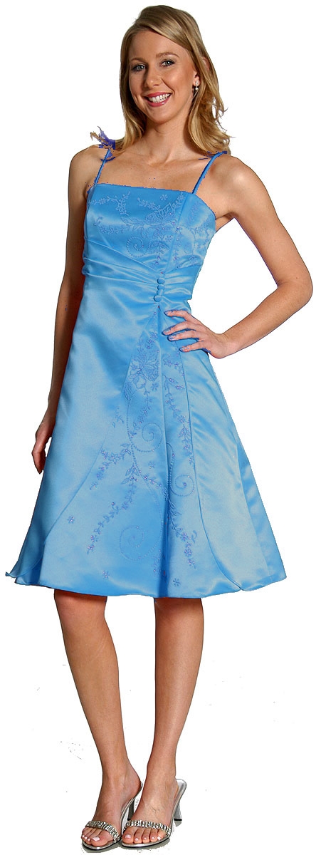 A-line Knee length Party Dress with Shimmery Floral Pattern — in Turquoise color
