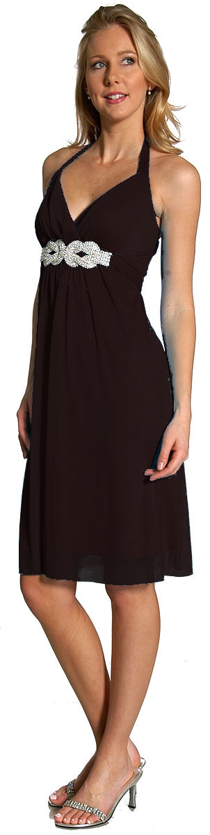 Halter Neck Rhinestones Belt Short Party Dress — in Black