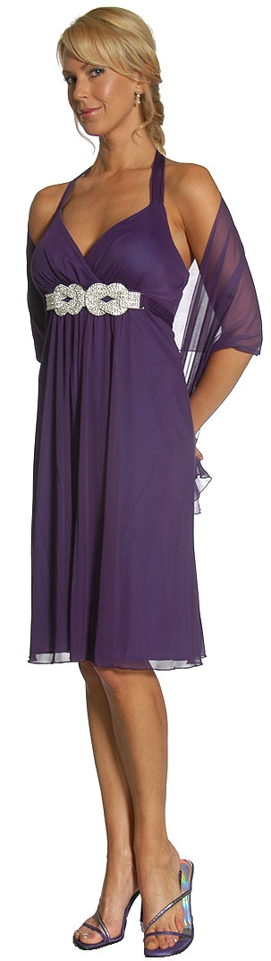 Halter Neck Rhinestones Belt Short Party Dress — in Purple