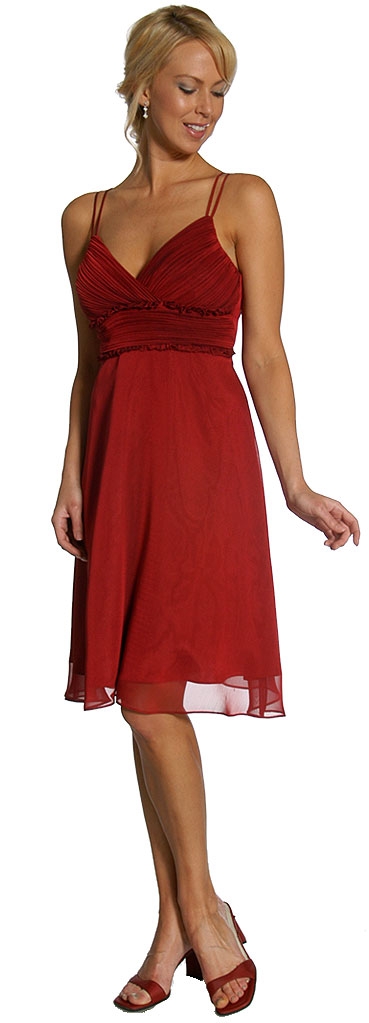 Spaghetti Strap Shirred Chiffon Party Dress — in Dark Red color
