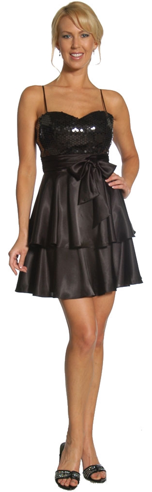 Sequined & Ribbon Bow Short Party Dress — in Black color