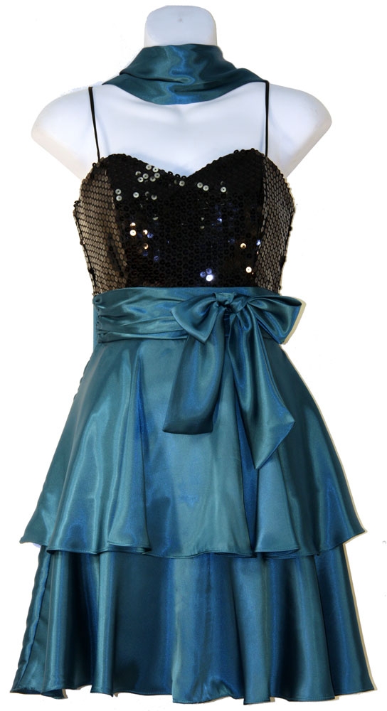 Sequined & Ribbon Bow Short Party Dress — in Black/Teal