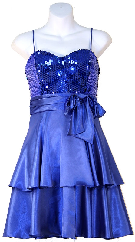 Sequined & Ribbon Bow Short Party Dress — in Royal Blue color