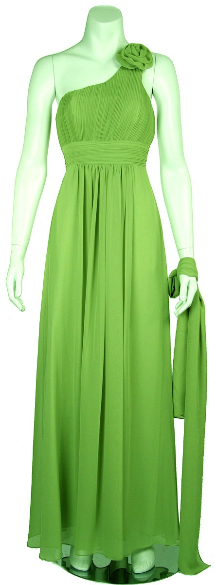 One Shoulder Floral Accent Pleated Formal Bridesmaid Dress — in Lime Green