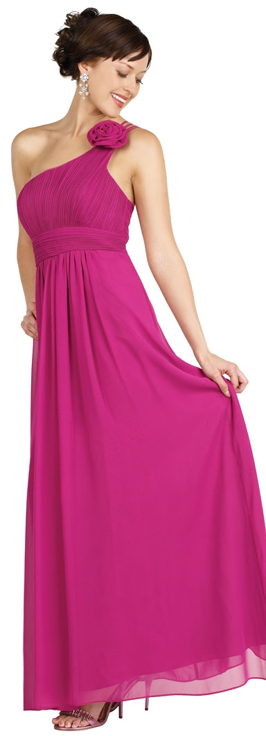 One Shoulder Floral Accent Pleated Formal Bridesmaid Dress