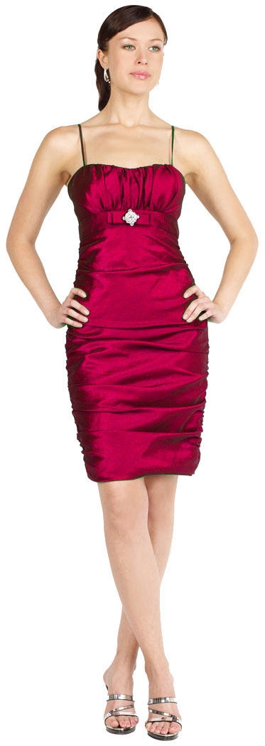 Spaghetti Straps Fitted & Shirred Short Party Dress — in Burgundy color