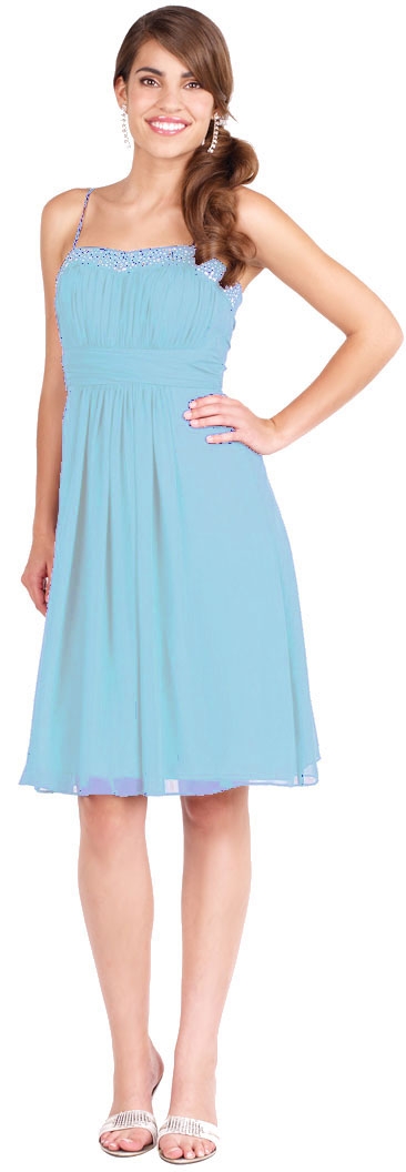 Shirred Party Dress with Spaghetti Straps — in Aqua color