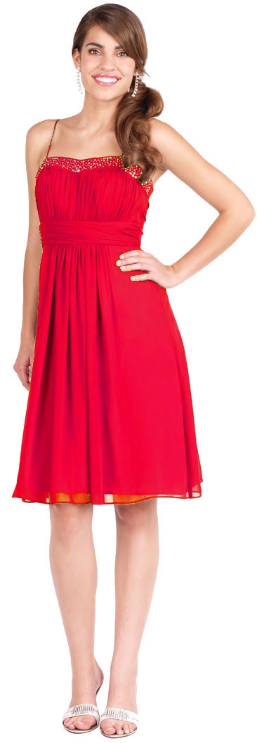 Shirred Party Dress with Spaghetti Straps — in Dark Red color