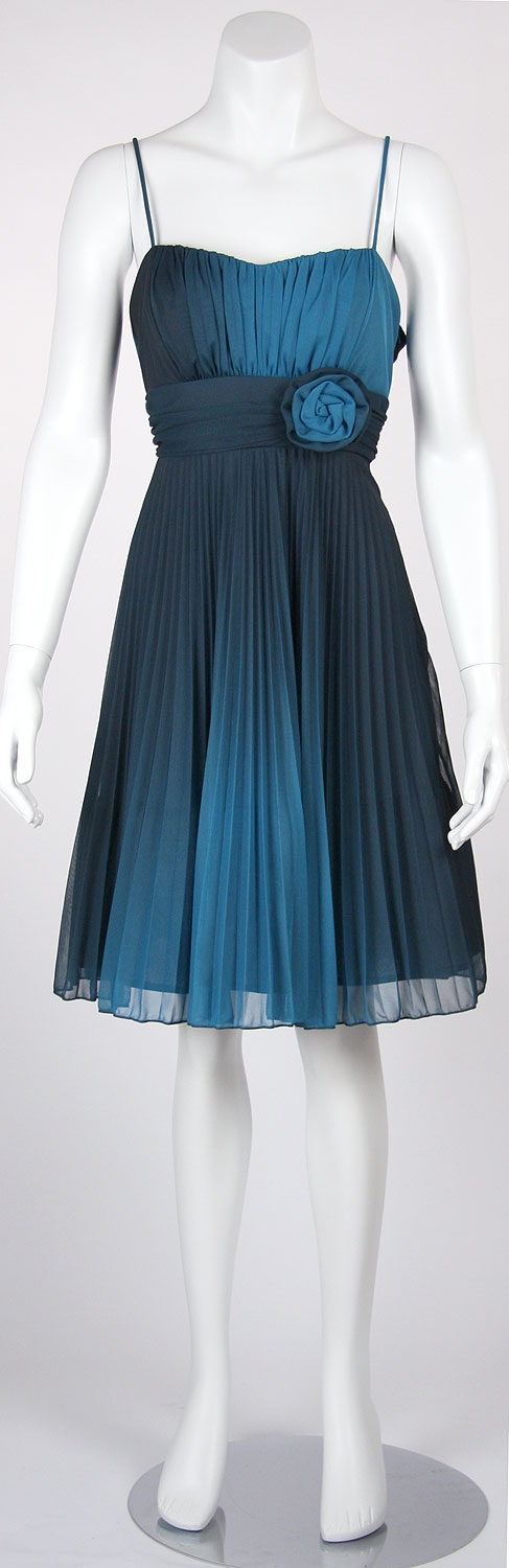 Two Tone Floral Accent Shirred Party Dress  — in Teal color