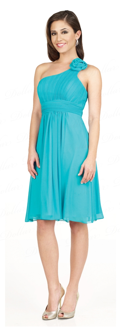 Single Shoulder Pleated Short Party with Flower Applique — in Jade Green