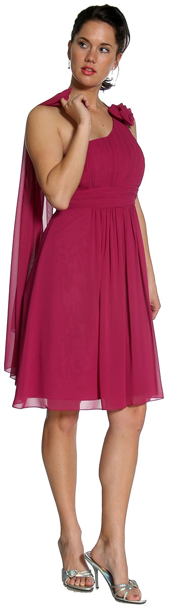 Single Shoulder Pleated Short Party with Flower Applique — in alternative view
