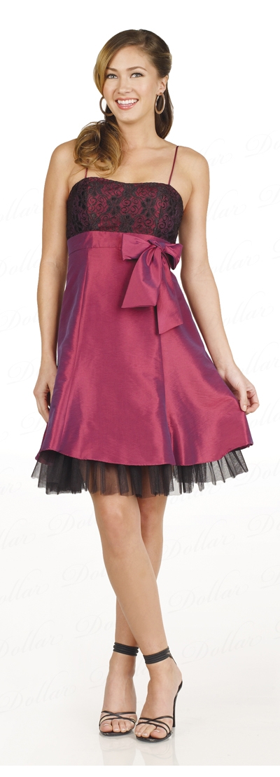 Mesh & Ribbon Prom Dress with Spaghetti Straps — in Plum