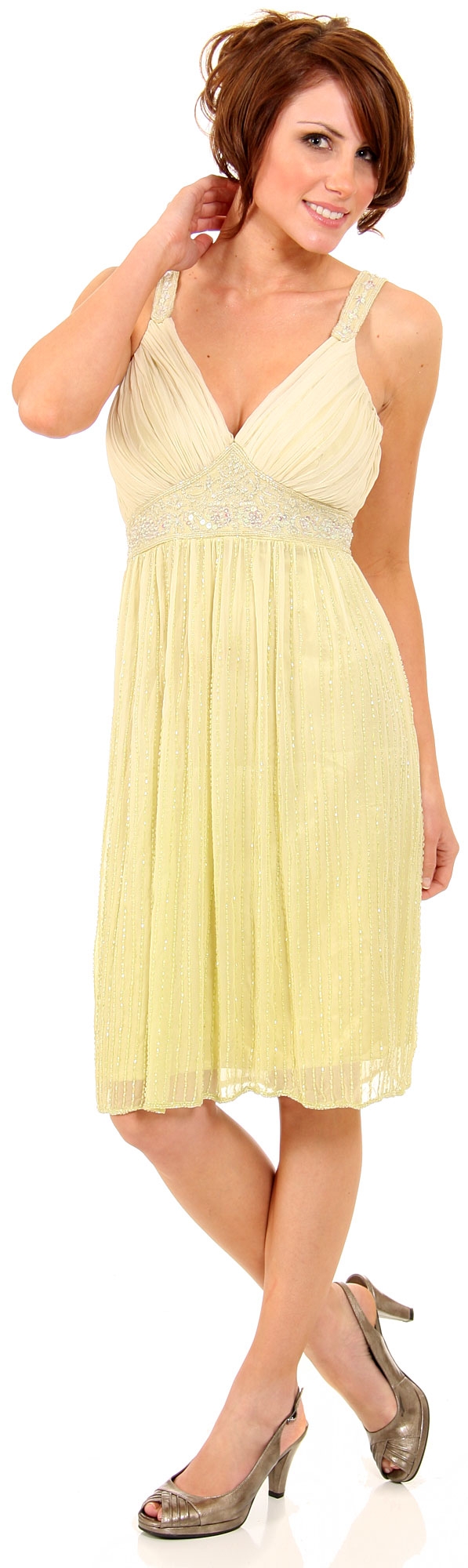 V-Neck Two Tone Beaded Knee Length Formal Party Dress — in Lime Green