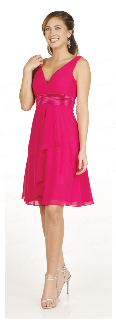 V-Neck Overlap & Tea Length Prom Dress — in Fuchsia