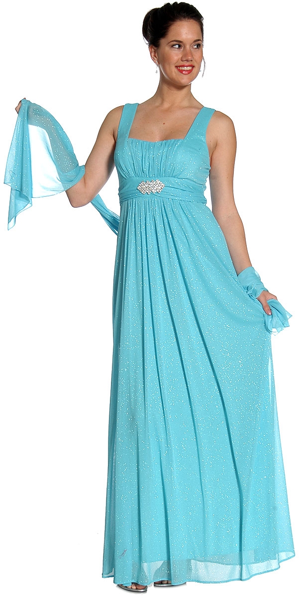 Broad Strapped Shimmer Prom Dress With Ornamental Brooch