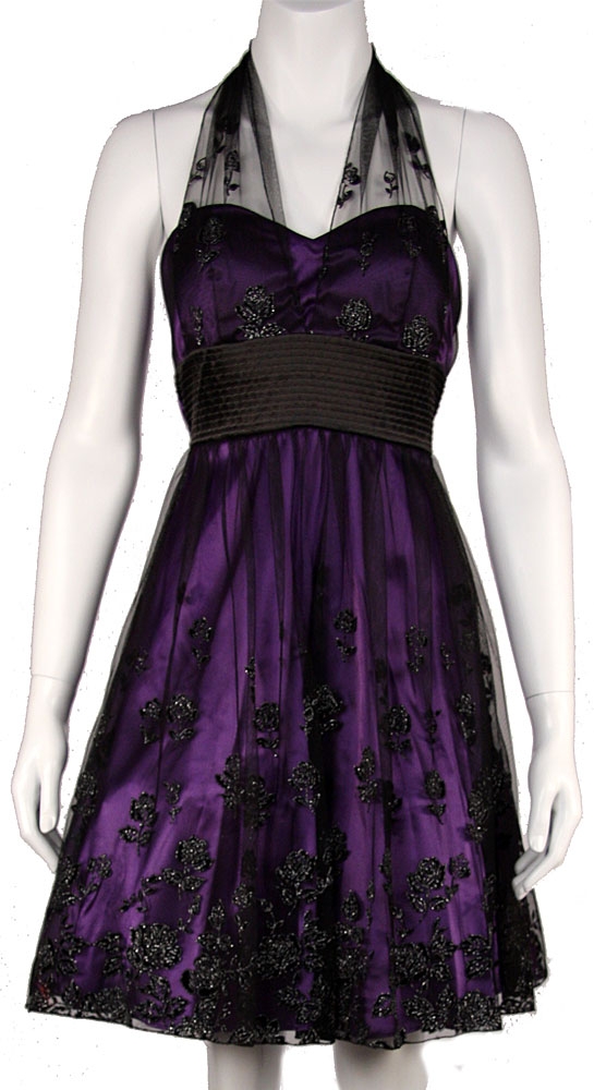 Halter Neck Short Prom Dress with Mesh Overlay — in Black/Purple