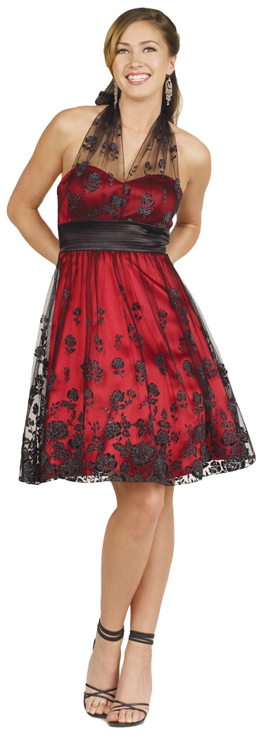 Halter Neck Short Prom Dress with Mesh Overlay